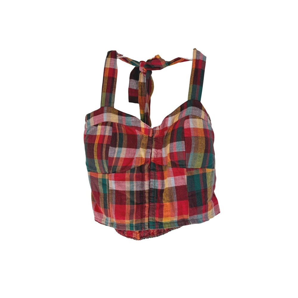 American Eagle Smocked Halter Crop Top Women's Red Plaid Cottagecore Medium